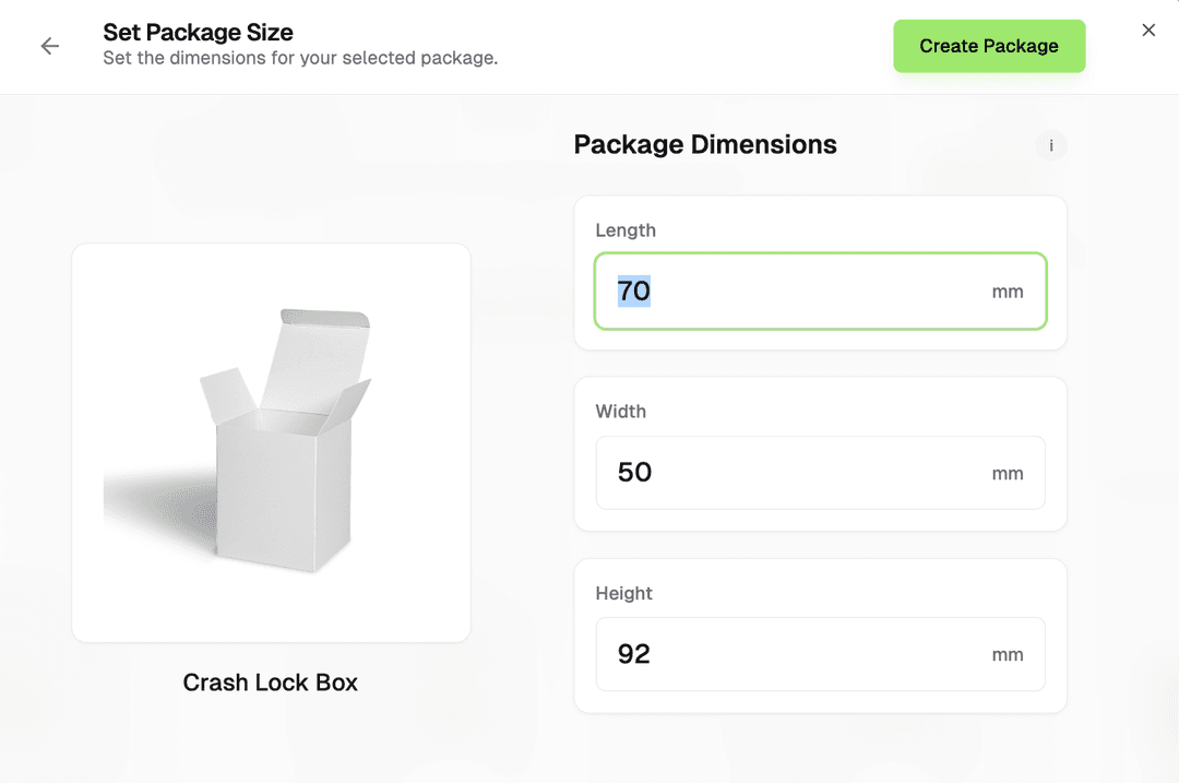Custom Package Size