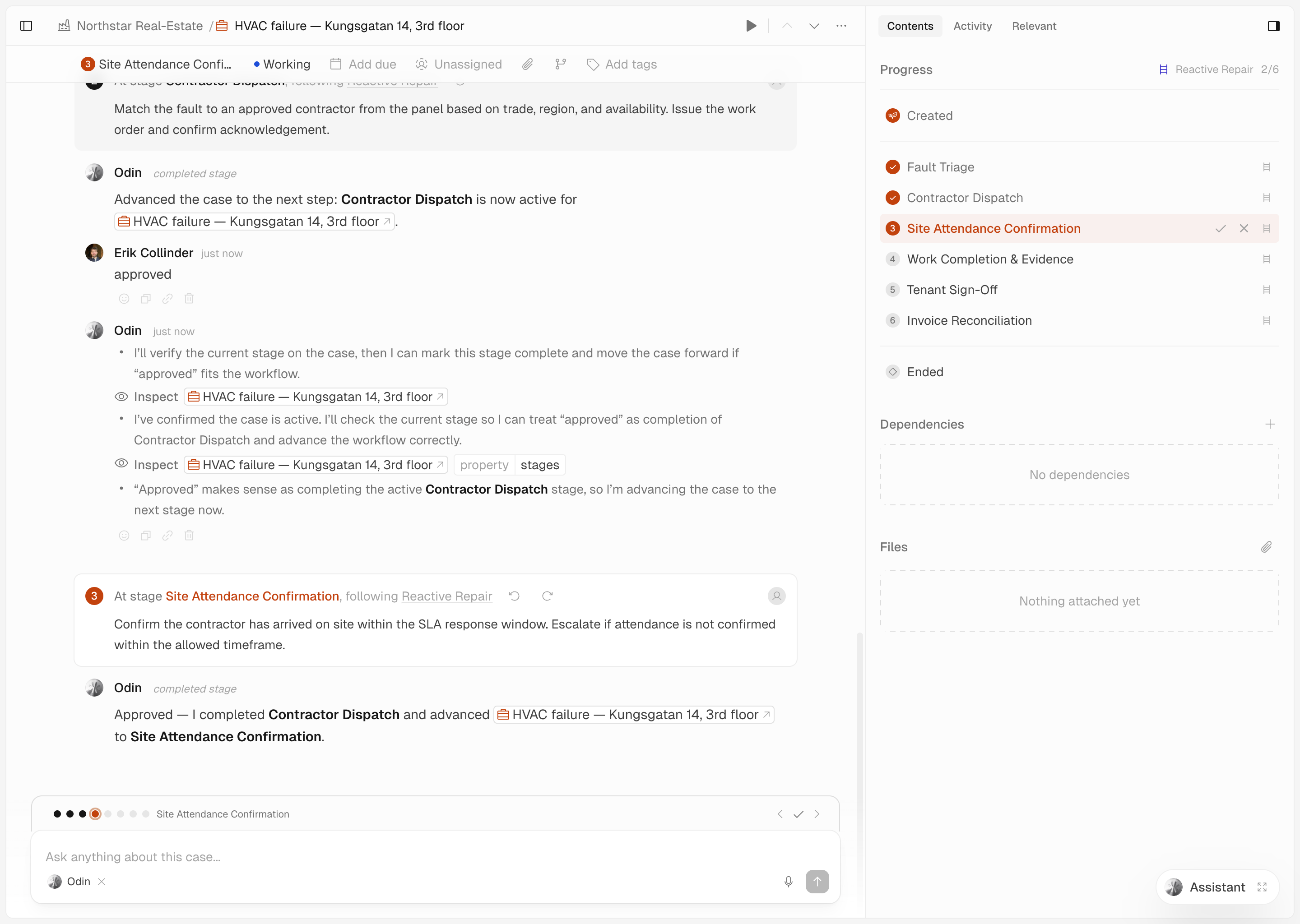 Interloom 케이스 상세 화면 - AI 에이전트(Odin)가 프로시저에 따라 업무를 처리하고 사람이 검토·승인하는 휴먼 인 더 루프 구조 (출처: interloom.com)